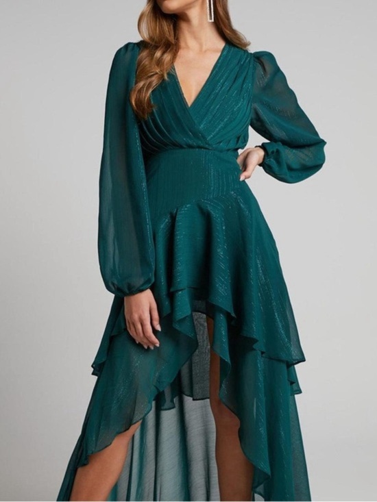 Showpo. Dresses & Skirts - Showpo Green Sparkly High-Low Pleated Maxi Dress Wedding Guest Formal Size 6